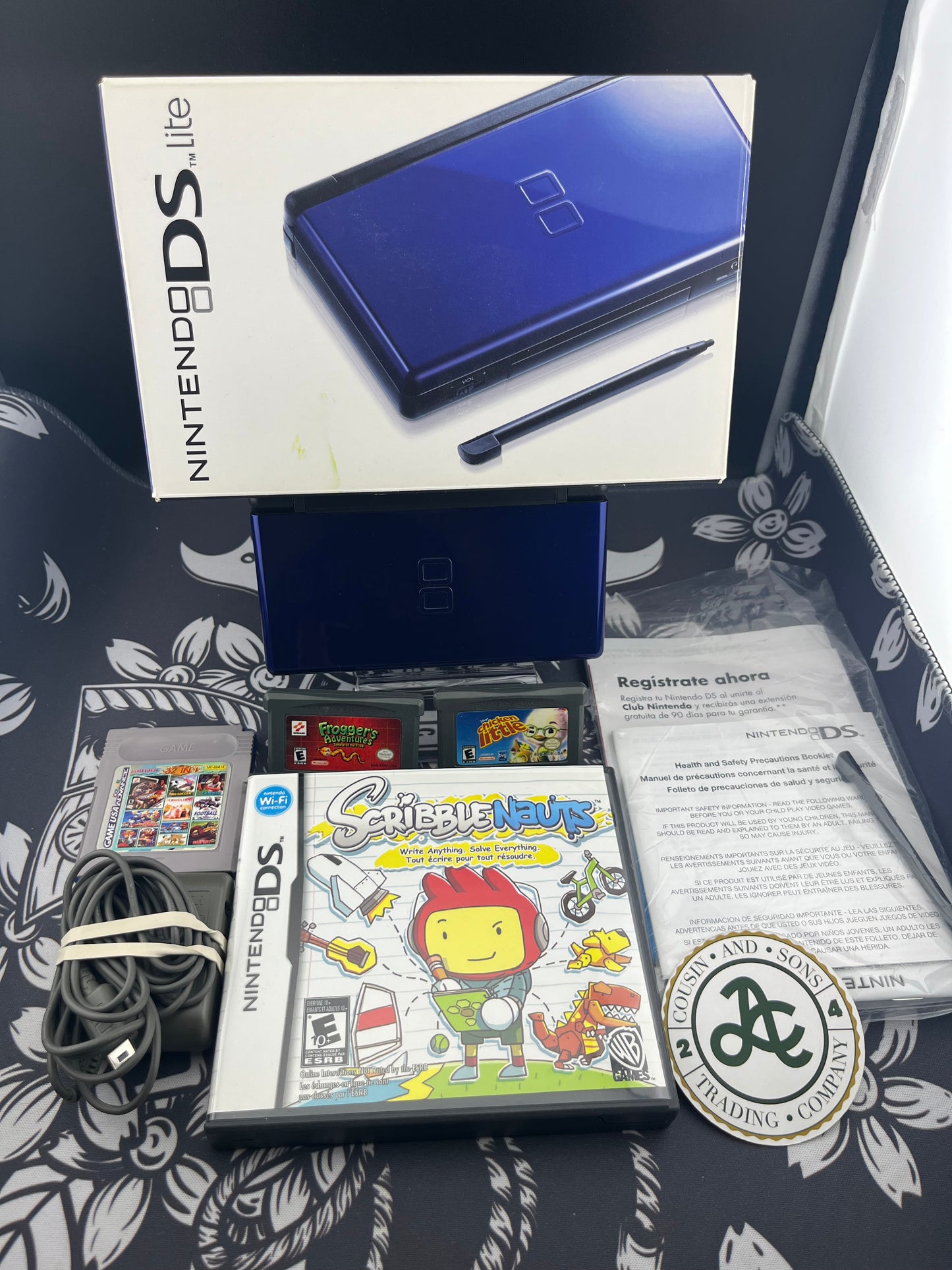 Nintendo DS Lite Cobalt Blue & Black System in Box w/Charger Excellent Mint! CIB+ 4 games (Charity)