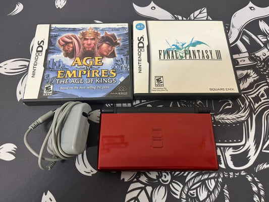 Nintendo DS Lite Crimson Handheld System - Red/Black + 3 Games Bundle Tested